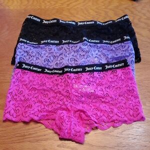 Juicy Couture Black, Purple, and Pink Lace Boyshorts Trio